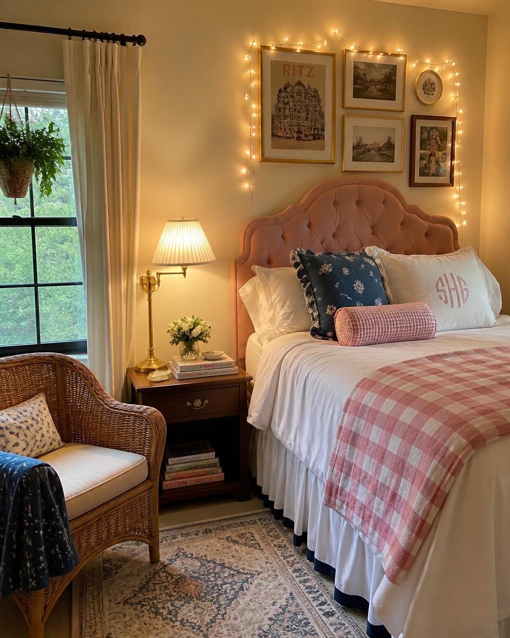 Made bed with a tufted headboard and warm lighting