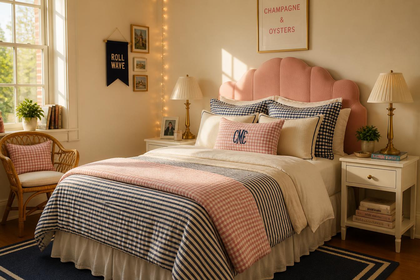 Preppy dorm room with a scalloped headboard, warm lamp light and a freshly made bed